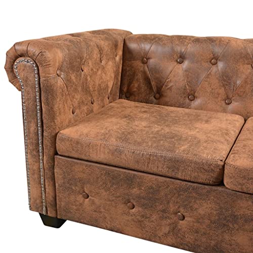 FAMIROSA Chesterfield Corner Sofa, L Shape 5-Seater Sectional Sofa Faux Leather with Cushions for Living Room Home Office Furniture Brown