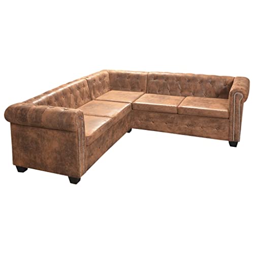 FAMIROSA Chesterfield Corner Sofa, L Shape 5-Seater Sectional Sofa Faux Leather with Cushions for Living Room Home Office Furniture Brown