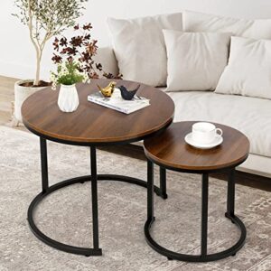 coffee tables for living room - small round coffee table set of 2, center table with solid wood grain table top and sturdy metal frame, nesting tables for small spaces, easy to assemble (walnut)