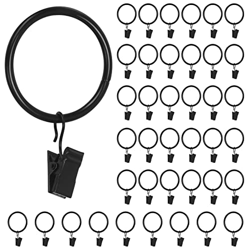 Skycase 40 Pack Curtain Rings,Metal Curtain Ring with Clips,Decorative Drapery 1.5 inch Interior Diameter Curtain Rod Clips Hangers for Bathroom, Living and Guest Room,Black