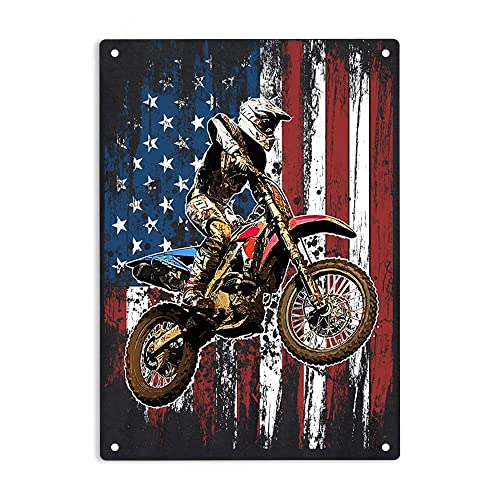 ERMUHEY Dirt Bike Racing Motocross Racing American Flag Sign Metal Tin Signs, Racing Motocross Poster for Home/Office/Garages/Bedroom/Cafes Bars Pub/Man Cave Wall Decor Plaque Sign 12x8 Inch