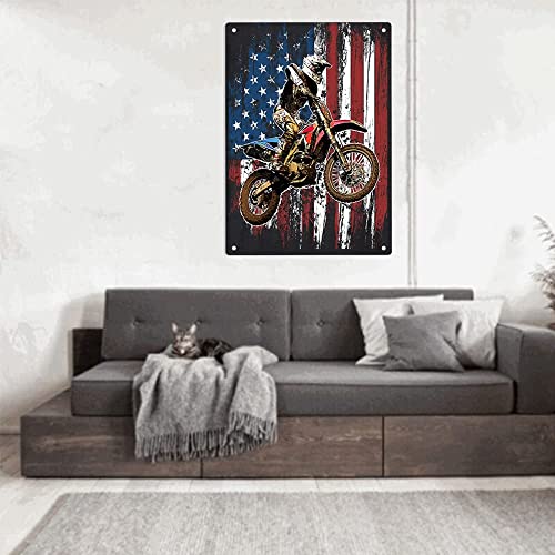 ERMUHEY Dirt Bike Racing Motocross Racing American Flag Sign Metal Tin Signs, Racing Motocross Poster for Home/Office/Garages/Bedroom/Cafes Bars Pub/Man Cave Wall Decor Plaque Sign 12x8 Inch