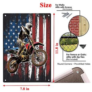 ERMUHEY Dirt Bike Racing Motocross Racing American Flag Sign Metal Tin Signs, Racing Motocross Poster for Home/Office/Garages/Bedroom/Cafes Bars Pub/Man Cave Wall Decor Plaque Sign 12x8 Inch