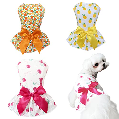 MSNFOASM 3-Pack Cherry Lemon Pineapple Print Dog Dress,Doggie Tank Top Vest Dresses,Holiday Cat Outfits,Soft Clothes for Small Dogs Girl(Small)