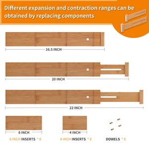 GHWIE Bamboo Drawer Dividers with Inserts, Kitchen Adjustable Drawer Organizers, Expandable Organization for Home, Office, Dressers and Bathroom,8 Dividers with 16 Inserts