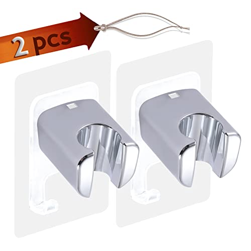 2 Pack Shower Head Holder Strong Adhesive, 1 Storage Hook，Handheld Shower Wand Holder No Drilling Wall Mount Bracket (Chrome)