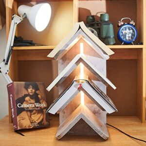 ZhuoChiMall Wisdom Tree Bookshelf with Lights, Desktop Wooden Book Stand, Small Bookcase for Bedroom, Office, 4-Shelf Modern Book Holder, White