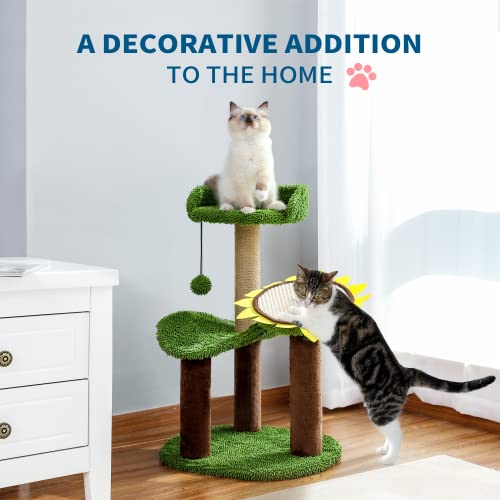 Made4Pets Cactus Cat Tree, Green Cat Tower with Plush Perch for Small Indoor Kittens, Cat Scratcher with 2 Levels Platform for Kitty, Sunflower Scratching Pad and Sisal Post