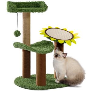 made4pets cactus cat tree, green cat tower with plush perch for small indoor kittens, cat scratcher with 2 levels platform for kitty, sunflower scratching pad and sisal post