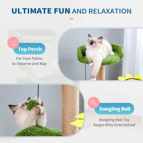 Made4Pets Cactus Cat Tree, Green Cat Tower with Plush Perch for Small Indoor Kittens, Cat Scratcher with 2 Levels Platform for Kitty, Sunflower Scratching Pad and Sisal Post