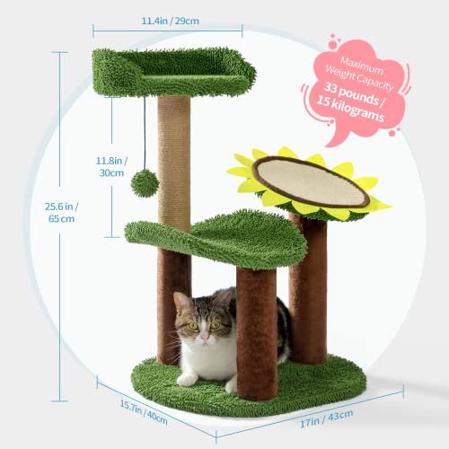 Made4Pets Cactus Cat Tree, Green Cat Tower with Plush Perch for Small Indoor Kittens, Cat Scratcher with 2 Levels Platform for Kitty, Sunflower Scratching Pad and Sisal Post