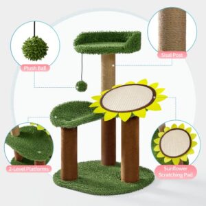 Made4Pets Cactus Cat Tree, Green Cat Tower with Plush Perch for Small Indoor Kittens, Cat Scratcher with 2 Levels Platform for Kitty, Sunflower Scratching Pad and Sisal Post