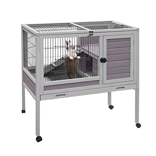 Aivituvin Rabbit Hutch Indoor Bunny Cage Wooden Guinea Pig House with Wire Floor, Wheels, Leak-Proof Tray 35in