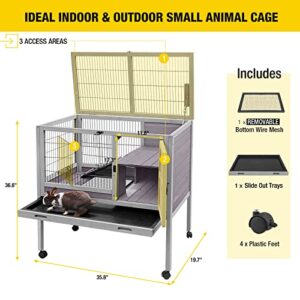 Aivituvin Rabbit Hutch Indoor Bunny Cage Wooden Guinea Pig House with Wire Floor, Wheels, Leak-Proof Tray 35in