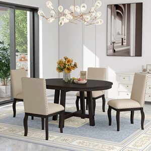 knocbel farmhouse extendable dining table and chairs, 5-piece kitchen dining room table set with nailhead trim upholstered dining chairs, standard height, espresso table set