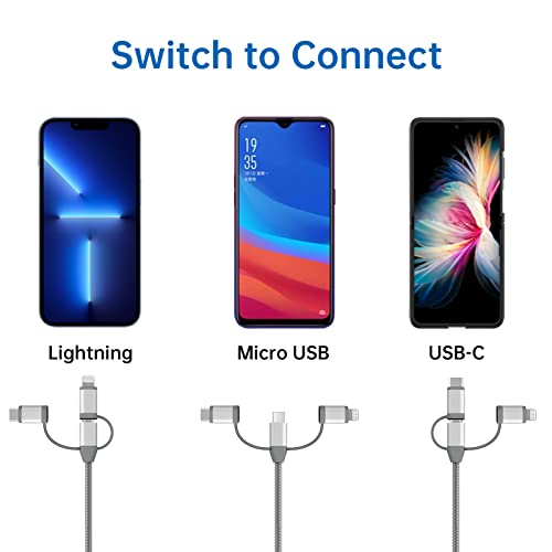 MICFLIP [Apple MFi Certified 3 in 1 Charging Cord Adapter with Lightning/Type-C/Micro USB Port Connectors for iPhone,iPad,Huawei, HTC,LG,Samsung Galaxy,Sony Xperia and More (1 Pack,3.4ft)