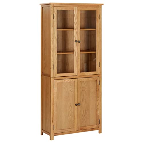 Tidyard Bookcase with 2 Glass Doors and 2 Wooden Doors Cabinet Oak Wood Book Display Cabinet Organizer for Living Room, Bedroom, Home Furniture 31.5 x 13.8 x 70.9 Inches (W x D x H)