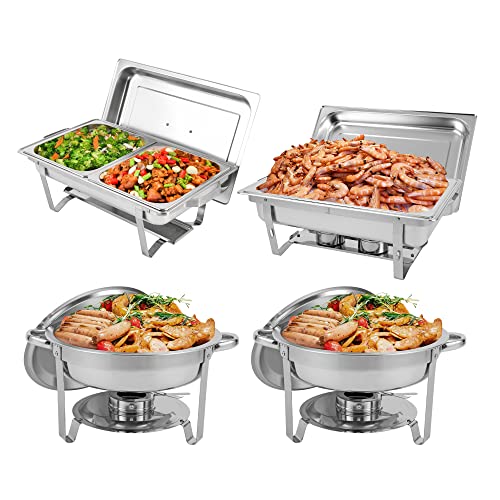 Restlrious Chafing Dish Buffet Set 4 Pack, Stainless Steel 5 QT Round & 8 QT Rectangular Foldable Chafers and Buffet Warmers Set w/ 1 Full Size & 2 Half Food Pan Water Pan, Fuel Can for Catering Event