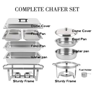 Restlrious Chafing Dish Buffet Set 4 Pack, Stainless Steel 5 QT Round & 8 QT Rectangular Foldable Chafers and Buffet Warmers Set w/ 1 Full Size & 2 Half Food Pan Water Pan, Fuel Can for Catering Event