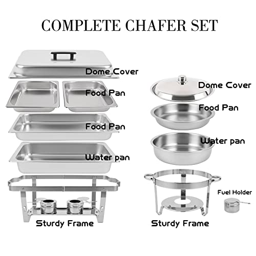 Restlrious Chafing Dish Buffet Set 4 Pack, Stainless Steel 5 QT Round & 8 QT Rectangular Foldable Chafers and Buffet Warmers Set w/ 1 Full Size & 2 Half Food Pan Water Pan, Fuel Can for Catering Event