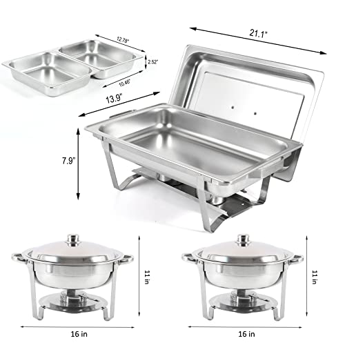 Restlrious Chafing Dish Buffet Set 4 Pack, Stainless Steel 5 QT Round & 8 QT Rectangular Foldable Chafers and Buffet Warmers Set w/ 1 Full Size & 2 Half Food Pan Water Pan, Fuel Can for Catering Event
