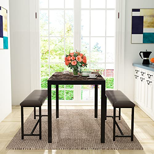 AWQM Dining Table Set 4, Metal Frame and Faux Marble Table Top, Modern 3 Piece Kitchen Table Set with 2 PU Leather Upholstered Bench for Apartment, Space-Saving Furniture, Brown