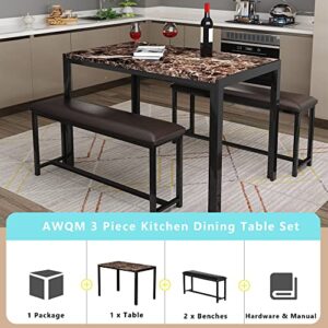 AWQM Dining Table Set 4, Metal Frame and Faux Marble Table Top, Modern 3 Piece Kitchen Table Set with 2 PU Leather Upholstered Bench for Apartment, Space-Saving Furniture, Brown