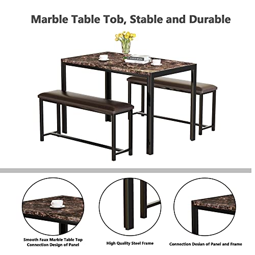 AWQM Dining Table Set 4, Metal Frame and Faux Marble Table Top, Modern 3 Piece Kitchen Table Set with 2 PU Leather Upholstered Bench for Apartment, Space-Saving Furniture, Brown