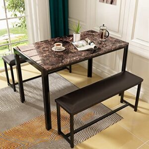 AWQM Dining Table Set 4, Metal Frame and Faux Marble Table Top, Modern 3 Piece Kitchen Table Set with 2 PU Leather Upholstered Bench for Apartment, Space-Saving Furniture, Brown