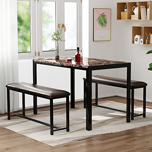 AWQM Dining Table Set 4, Metal Frame and Faux Marble Table Top, Modern 3 Piece Kitchen Table Set with 2 PU Leather Upholstered Bench for Apartment, Space-Saving Furniture, Brown