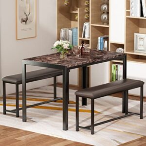 AWQM Dining Table Set 4, Metal Frame and Faux Marble Table Top, Modern 3 Piece Kitchen Table Set with 2 PU Leather Upholstered Bench for Apartment, Space-Saving Furniture, Brown