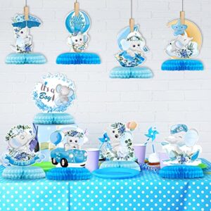 PHIAMOLY 9 Pcs Floral Elephant Honeycomb Centerpiece Blue Elephant Table Decorations Its a Boy Baby Shower Decorations Eelephant Theme Birthday Party Supplies