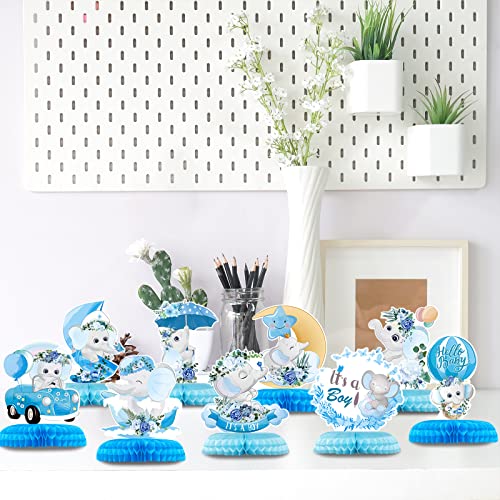 PHIAMOLY 9 Pcs Floral Elephant Honeycomb Centerpiece Blue Elephant Table Decorations Its a Boy Baby Shower Decorations Eelephant Theme Birthday Party Supplies