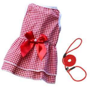 dog girl plaid princess dress with bowknot + dog leash for wedding party summer beach,puppy sleeveless cool breathable apparel party outfit red
