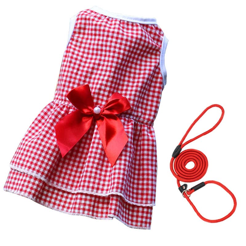 Dog Girl Plaid Princess Dress with Bowknot + Dog Leash for Wedding Party Summer Beach,Puppy Sleeveless Cool Breathable Apparel Party Outfit Red