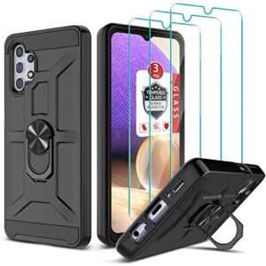 galaxy a32 5g case,galaxy a32 5g case with [3x tempered glass screen protector], built-in ring kickstand and magnetic car mount shockproof military grade armor rugged case for galaxy a32 5g 6.5",black