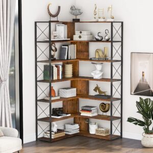 corner bookcase, 7-tier l-shaped tall bookshelf with open storage, freestanding industrial etagere shelf with metal frame for home office funiture, brown