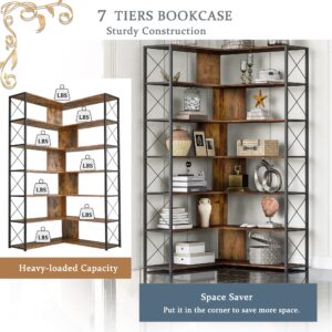 Corner Bookcase, 7-Tier L-Shaped Tall Bookshelf with Open Storage, Freestanding Industrial Etagere Shelf with Metal Frame for Home Office Funiture, Brown