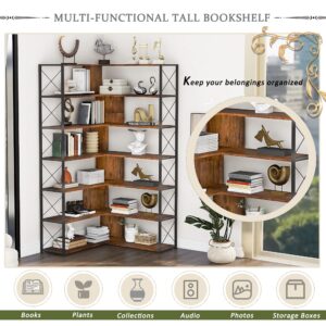 Corner Bookcase, 7-Tier L-Shaped Tall Bookshelf with Open Storage, Freestanding Industrial Etagere Shelf with Metal Frame for Home Office Funiture, Brown