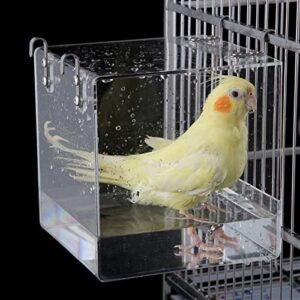 xxmbbjy hanging cube bird bath cage, transparent bird bathtub bath shower with stainless steel hooks for small bird canary parakeet budgerigar parrots crested myna cockatiel lovebird (large)