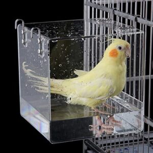 Xxmbbjy Hanging Cube Bird Bath Cage, Transparent Bird Bathtub Bath Shower with Stainless Steel Hooks for Small Bird Canary Parakeet Budgerigar Parrots Crested Myna Cockatiel Lovebird (Large)