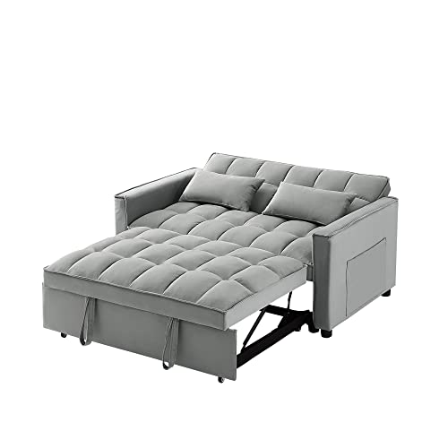 Holaki Convertible Velvet Sleeper Sofa Bed, 55.2" Velvet Loveseat Sofa Modern Pull Out Sofa Bed Lounge Chaise Armchair with Adjustable Backrest,2 Lumbar Pillows,Small Couch for Home Office,Grey