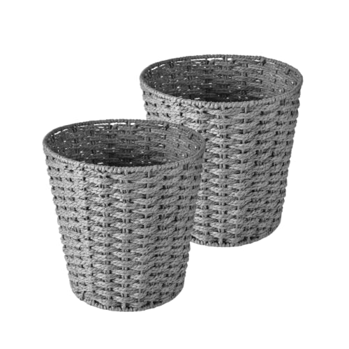 Zuvo [2 Pack] Round Wicker Waste Paper Bin and Basket, Rubbish Basket for Bedroom, Bathroom, Offices or Home (Gray)