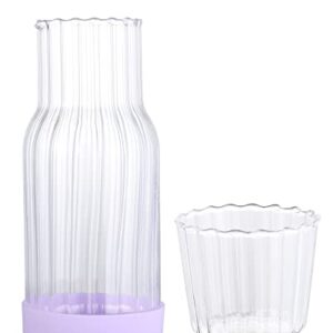 Bedside Carafe with Cup, 600ml Bedside Water Carafe Set Bottle Water Jug, Clear Glass Mouthwash Container Decanter, Ribbed Night Water Carafe with Glass Cup for Nightstand, Guest Bedroom, Bathroom