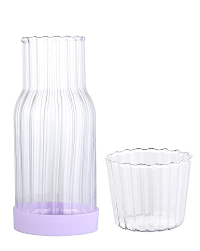 Bedside Carafe with Cup, 600ml Bedside Water Carafe Set Bottle Water Jug, Clear Glass Mouthwash Container Decanter, Ribbed Night Water Carafe with Glass Cup for Nightstand, Guest Bedroom, Bathroom