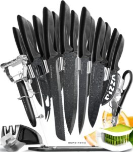 home hero kitchen knife set, steak knife set & kitchen utility knives - ultra-sharp high carbon stainless steel knives with ergonomic handles (20 pc set, granite)