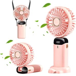 jmeesh personal fan, mini portable handheld fan hanging neck fan, usb rechargeable 5000mah small desk fan 5 speeds for home office travel, 16-24 hours working (pink)