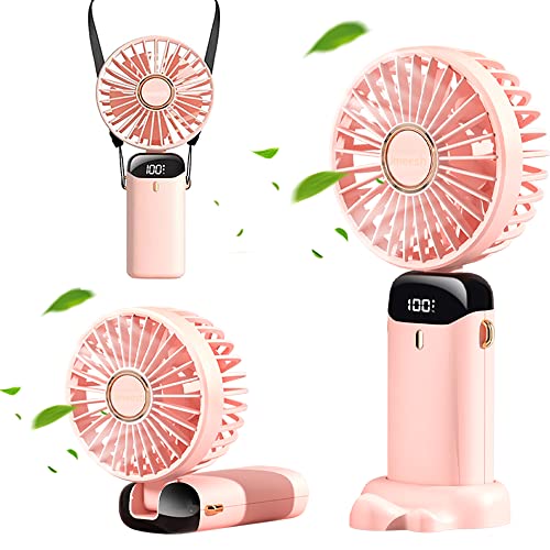 Jmeesh Personal Fan, Mini Portable Handheld Fan Hanging Neck Fan, USB Rechargeable 5000mAh Small Desk Fan 5 Speeds for Home Office Travel, 16-24 Hours Working (Pink)