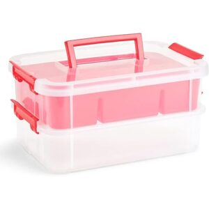 bins & things 2 trays stackable storage organizers container with compartments - arts and crafts supply box - bead plastic organizer - embroidery thread organizing box - multi-divided holder, red