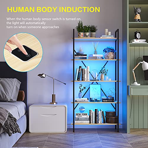 HNEBC 5 Tier LED Bookshelf,Modern Bookcase Open Storage Shelving with Smart Sensing 3 Colors LED Strip,Industrial Style Tall Bookshelf Floating Shelves/Bookcases for Room Living Room Office(Wood)